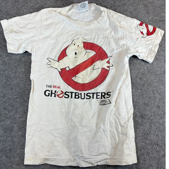 VINTAGE 80s The Real Ghostbusters Shirt Youth Medium White Single Stitch Tee USA - Picture 1 of 10